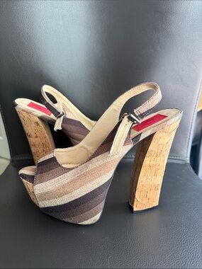 FRH Women’s Brown Striped Slingback Peep-Toe Platform Heels
